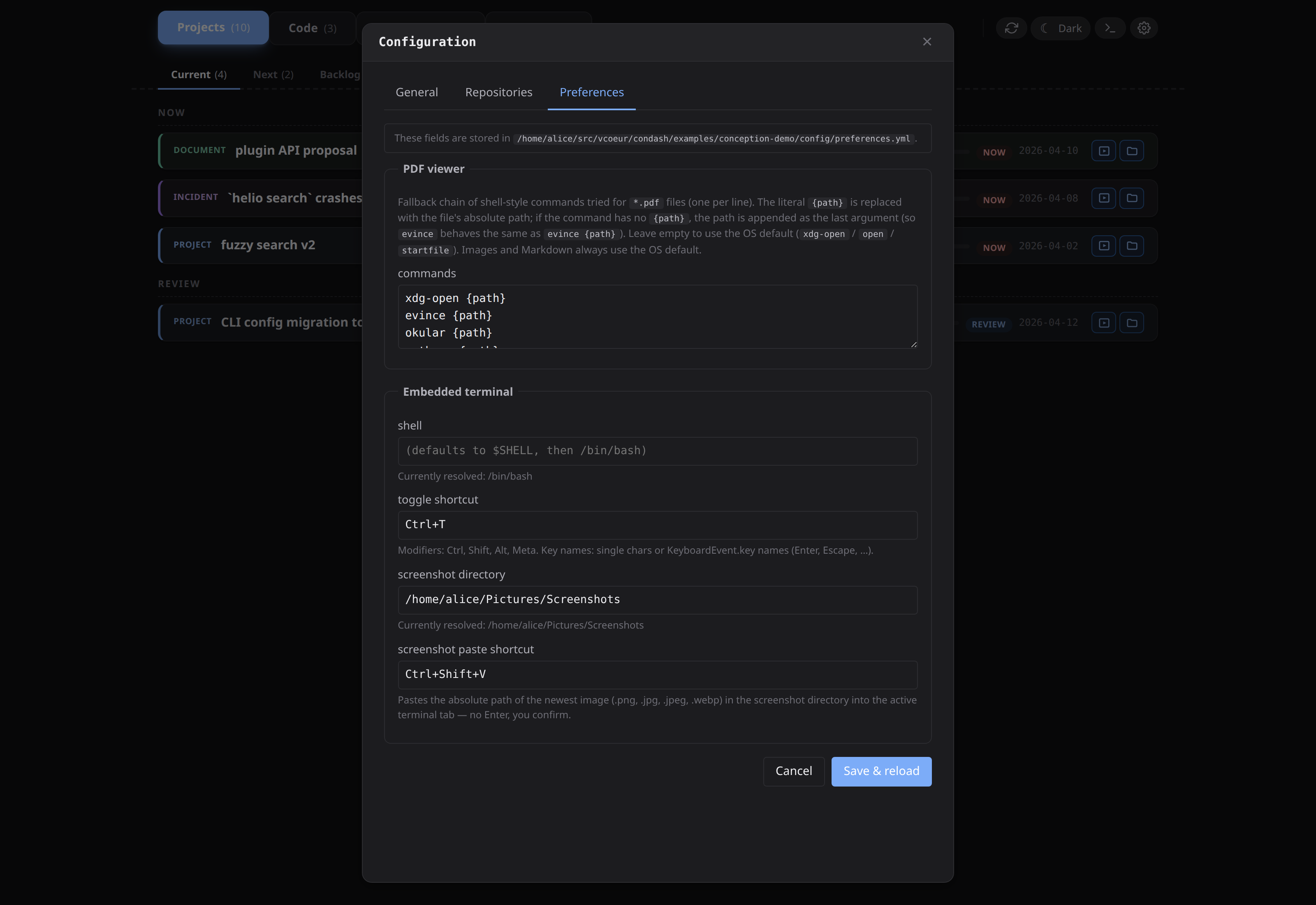 Gear modal Preferences tab