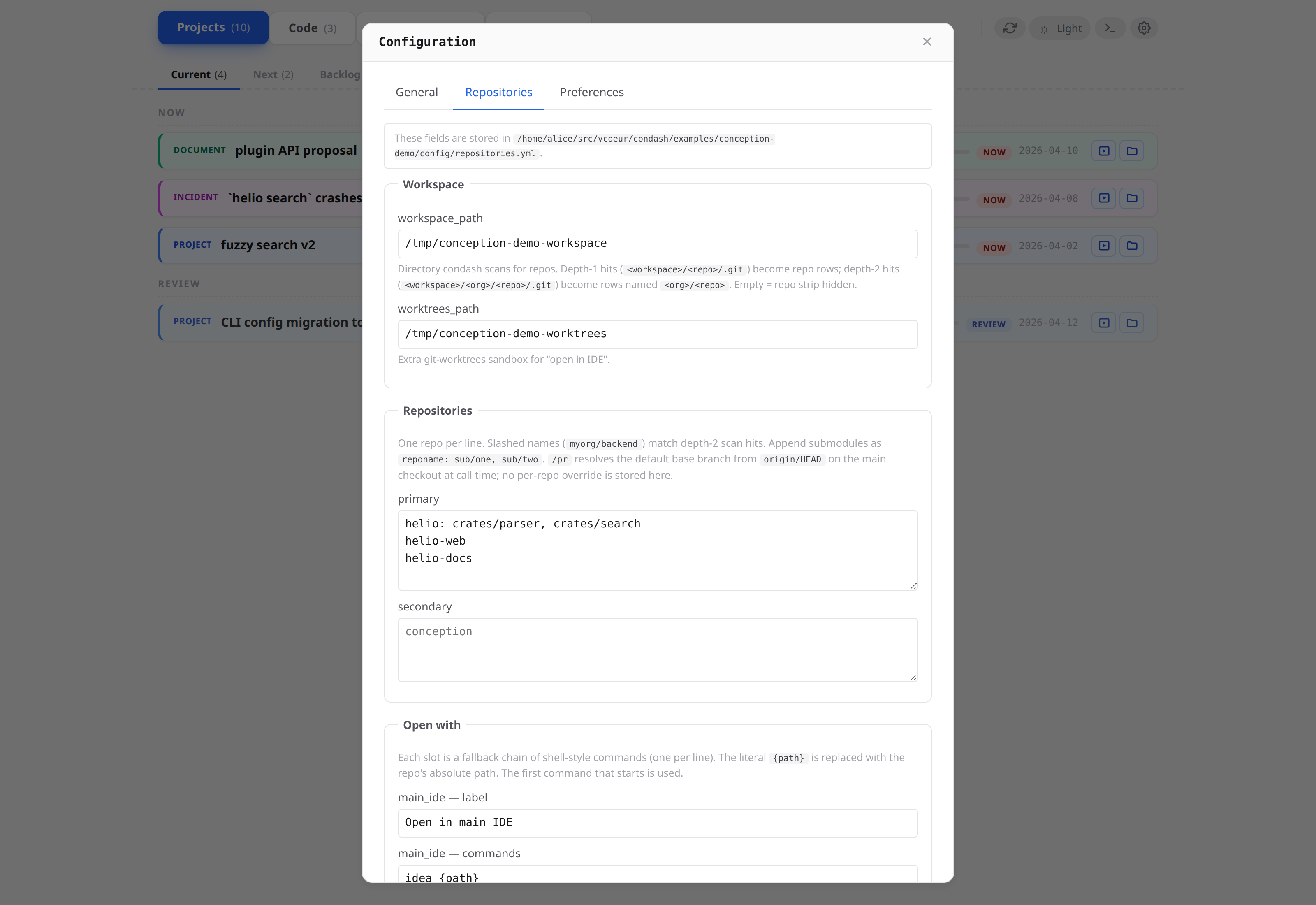 Gear modal Repositories tab