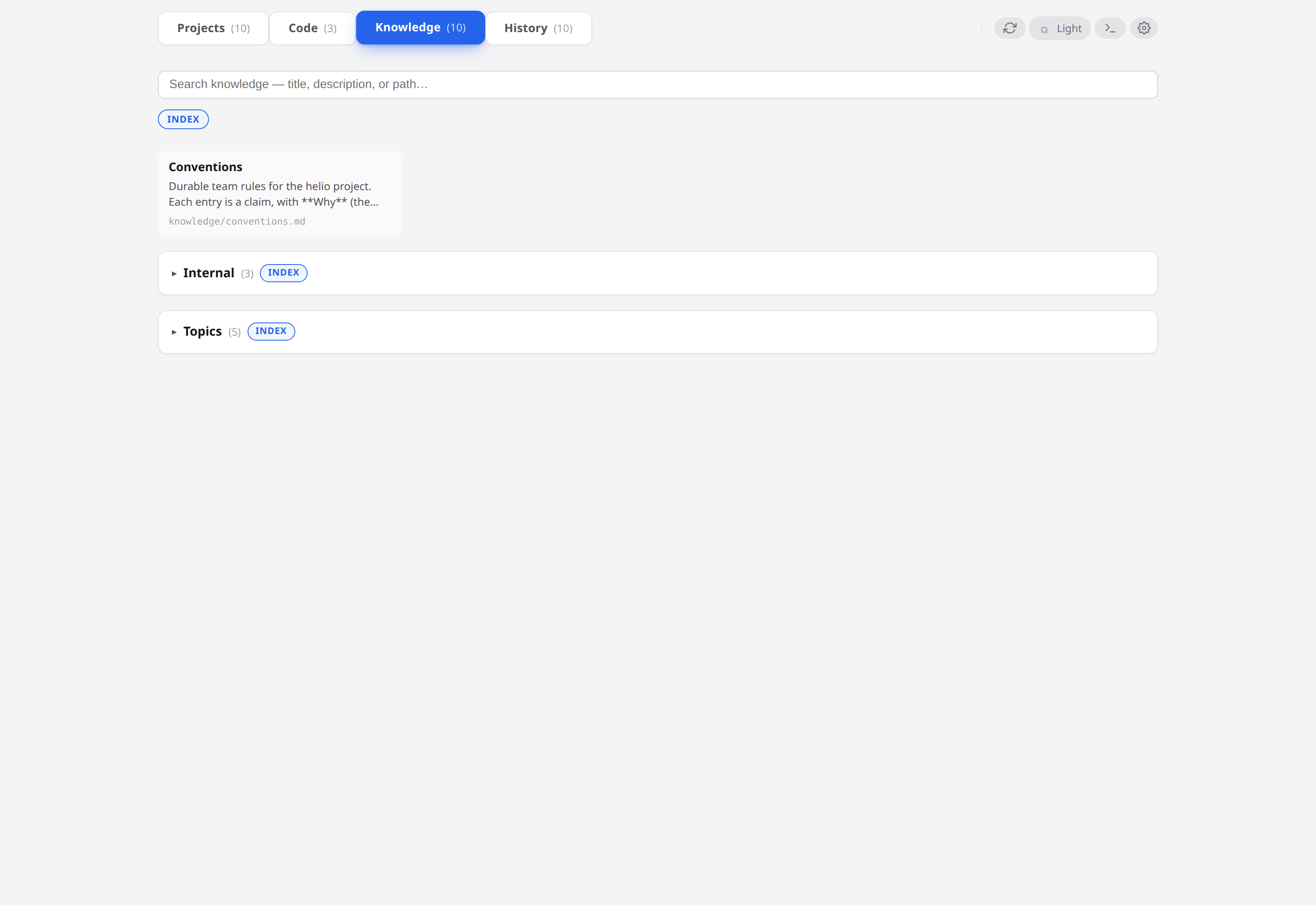 Knowledge tab — conventions.md tile plus Internal and Topics folders